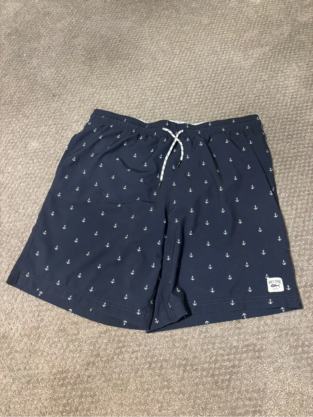 Men's Navy Anchor Swim Trunks with White Drawcord